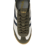 Top-down view of a single Gola men's sneaker in olive green, cream, and navy.