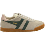 A single Gola low-top sneaker in off-white with two dark green stripes and a gum sole.