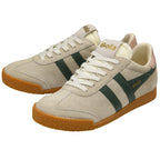 Two Gola low-top sneakers in off-white with dark green stripes and gum soles.