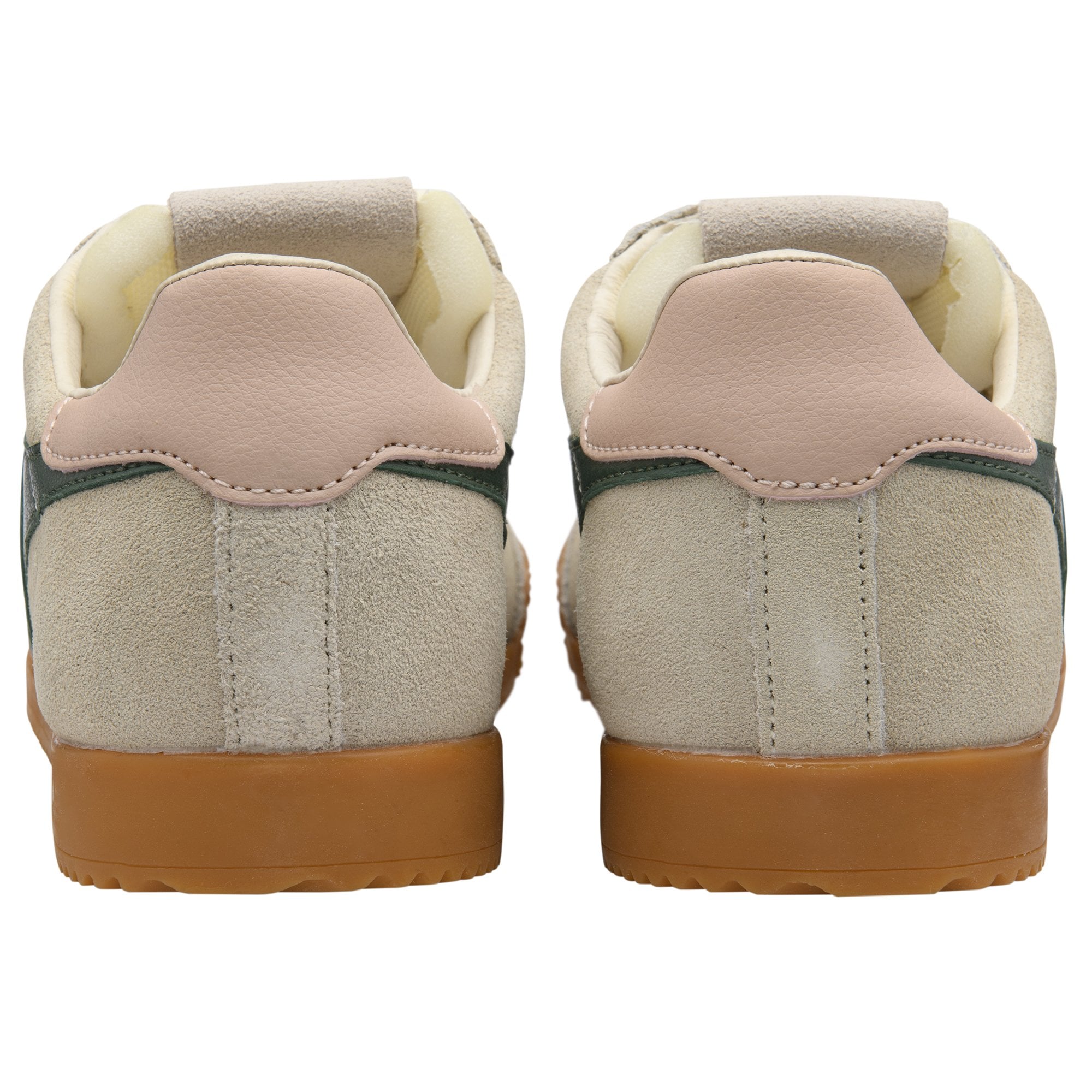 Back view of two Gola sneakers with off-white suede and pink heel accents.