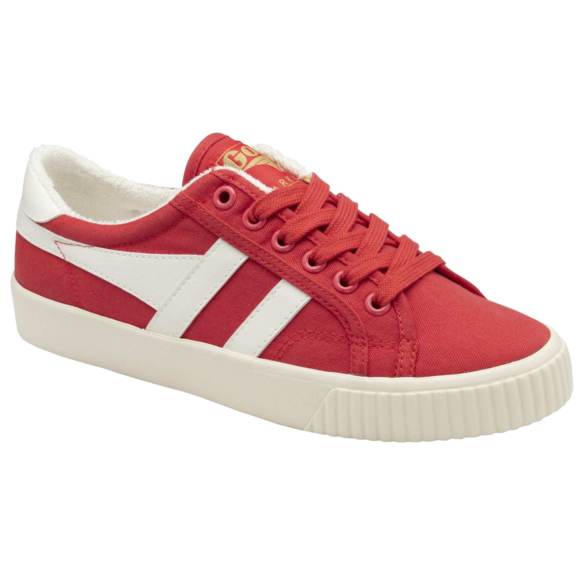 A single red Gola sneaker with white stripes and laces on a white background.