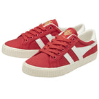 A pair of red Gola sneakers with white stripes and laces on a white background.