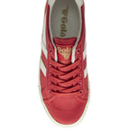 Top-down view of a single red Gola sneaker with white stripes and laces.