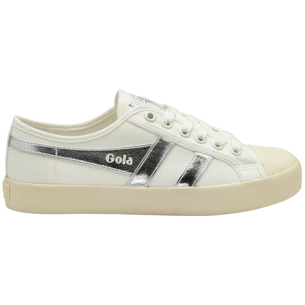 White Gola sneakers with silver stripes and logo on the side.