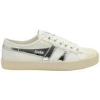 White Gola sneakers with silver stripes and logo on the side.