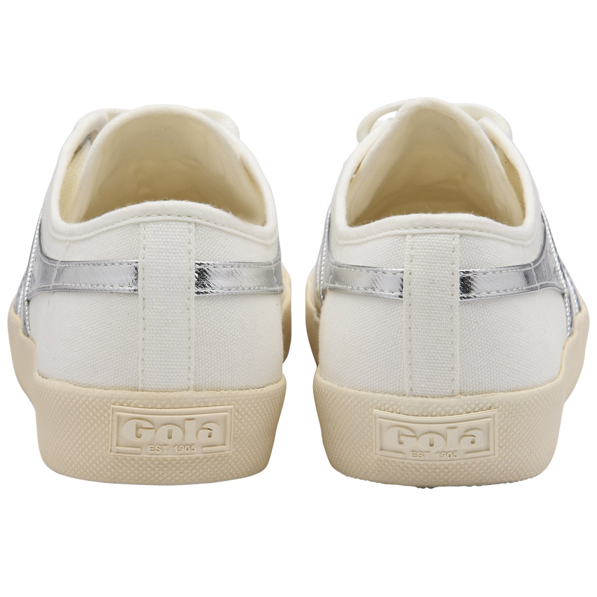 Back view of two white sneakers with silver stripes and Gola branding on the cream soles.
