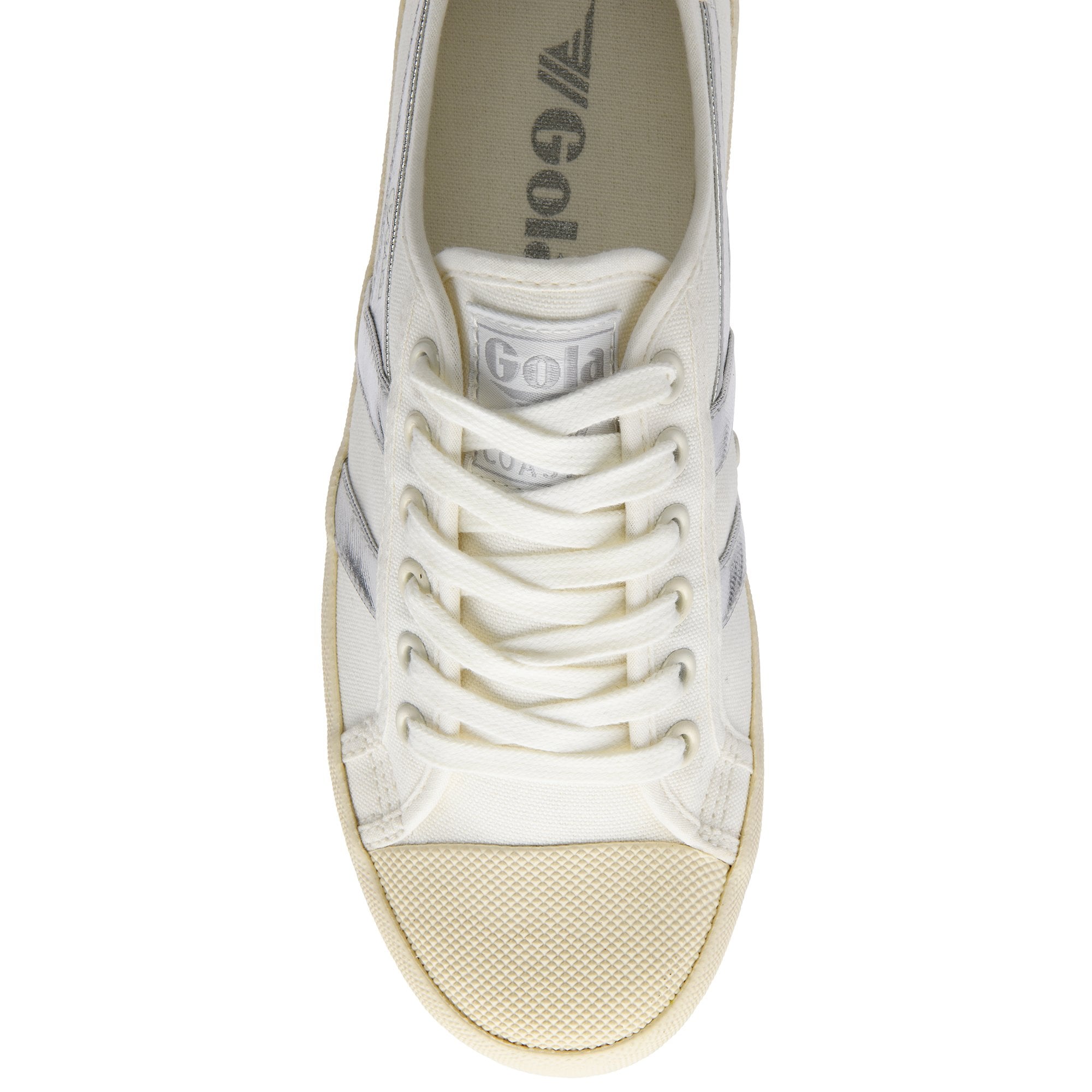 Top-down view of a white Gola sneaker with light gray stripes and laces.