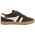 Brown Gola men's sneaker with white stripes and tan sole.