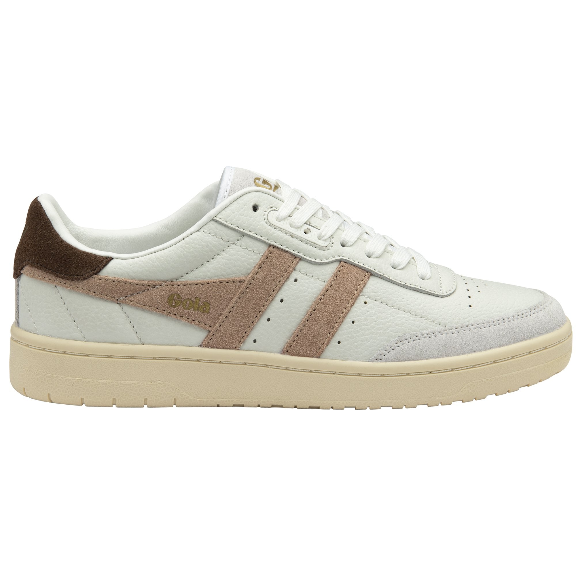 White Gola sneakers with brown and tan accents.