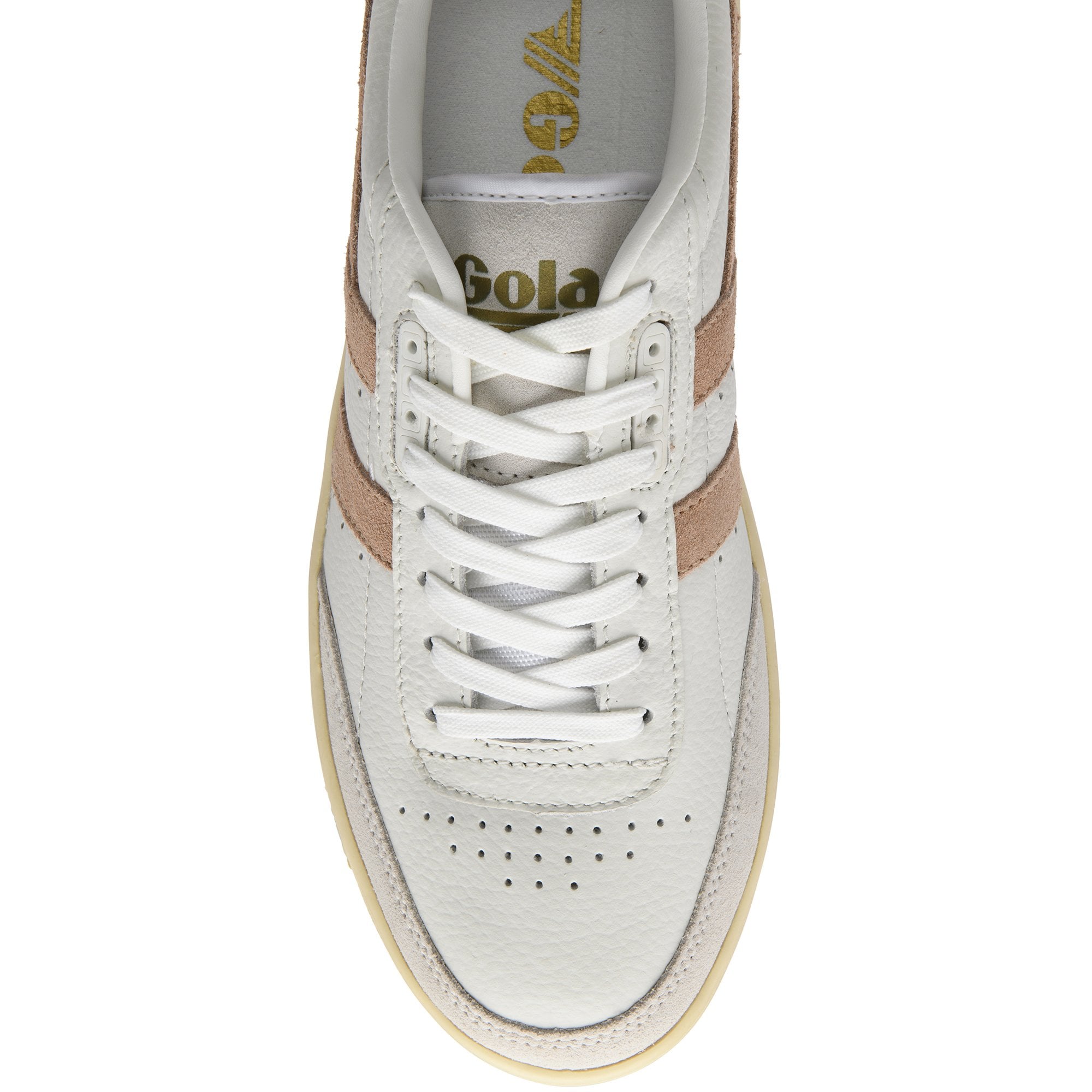 Top-down view of a white Gola sneaker with tan stripes and white laces.