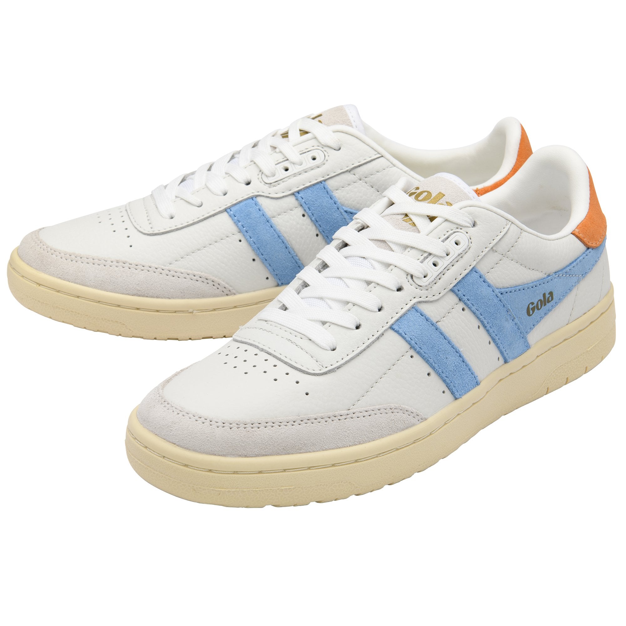 White sneakers with light blue stripes and orange heel accents.