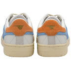 Rear view of two sneakers with blue, white, and orange accents.