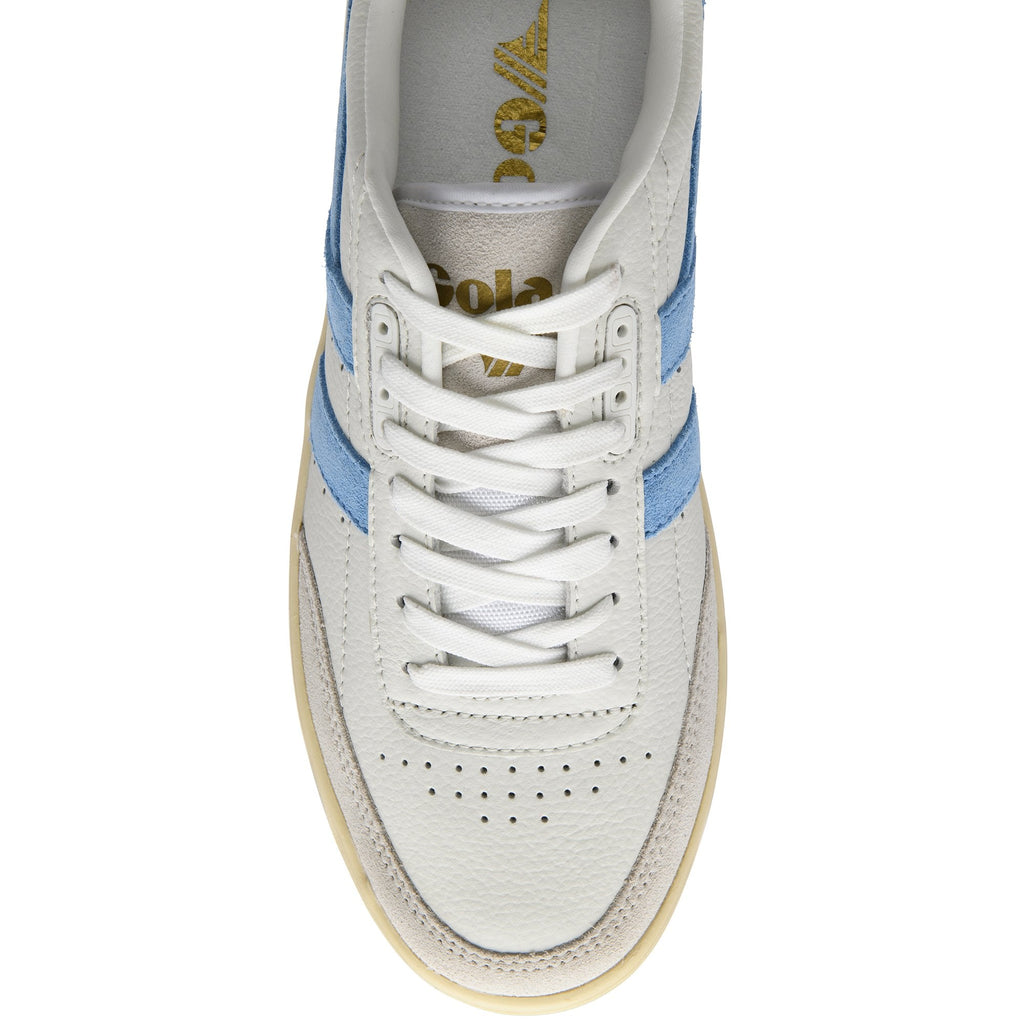 Top-down view of a white sneaker with light blue stripes and white laces.