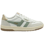 White and green Gola sneakers with gold accents on a white background.
