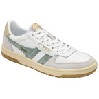 White and sage green Gola sneakers with gold accents and a gum sole.