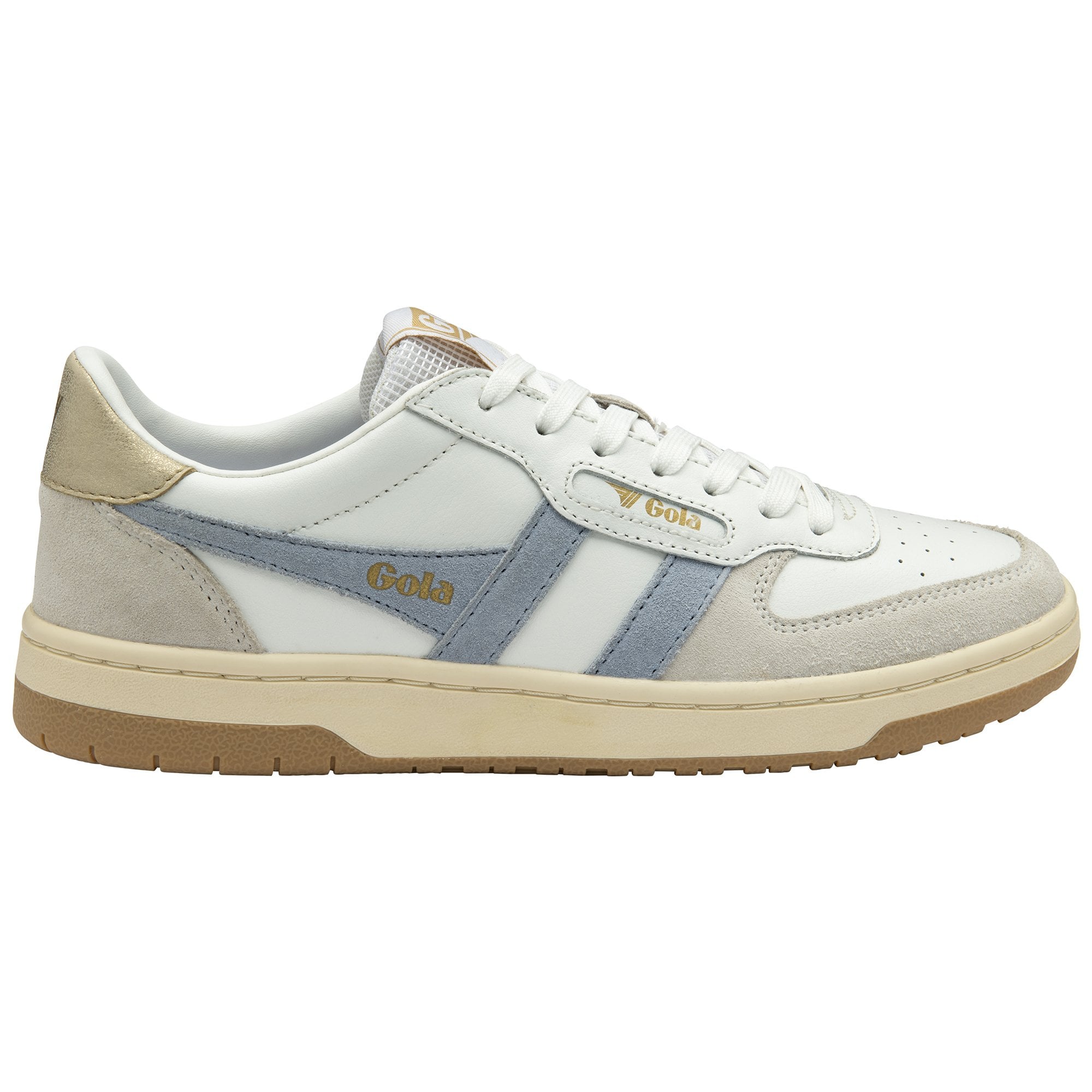 White and gold Gola trainer with light blue stripes and a tan sole on a white background