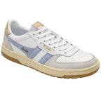 White Gola sneaker with light blue stripes and gold accents.