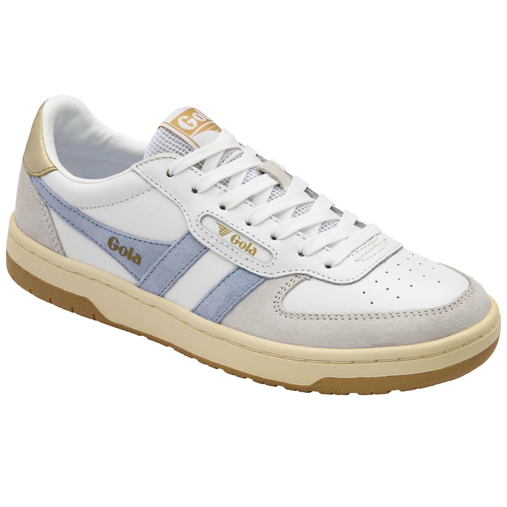 White Gola trainer with blue and gold accents and brown sole on a white background