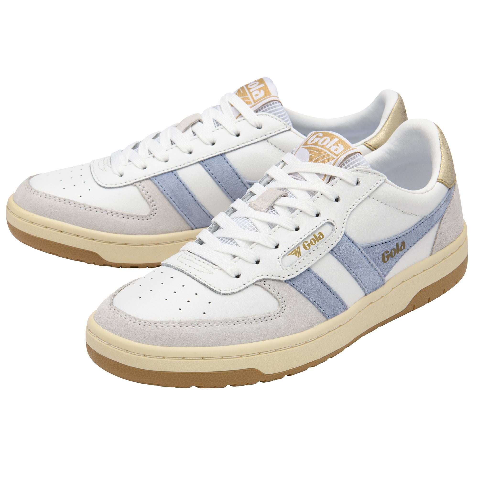 Pair of Gola trainers in white with light blue stripes and gold accents on a white background