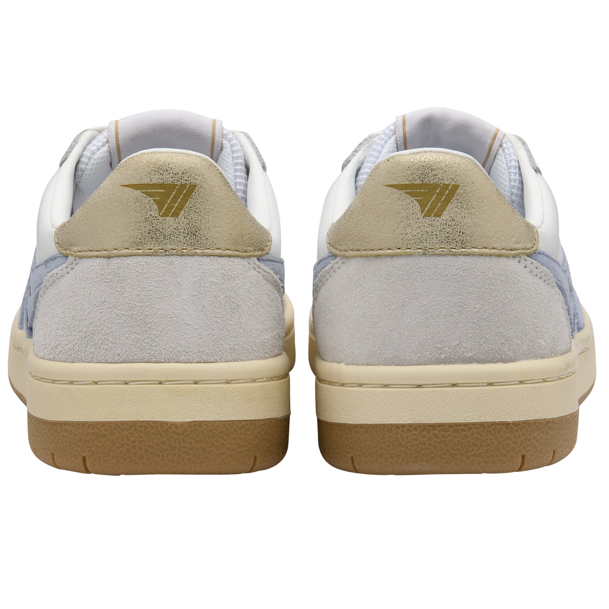 Pair of Gola trainers with a gold logo on a white background