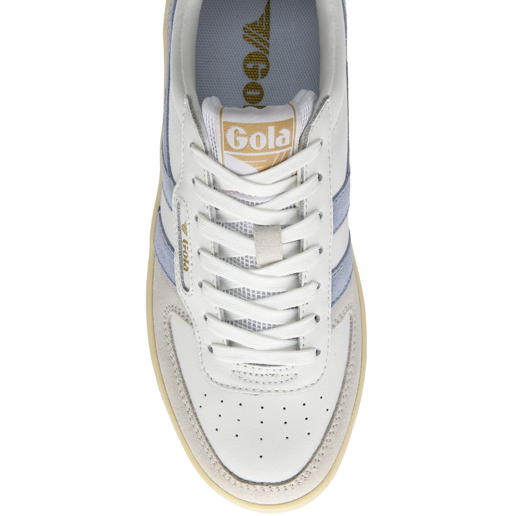 Top-down view of a white and light blue Gola sneaker with gold branding.