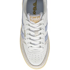 White Gola trainer with blue accents and 'Gola' branding on a white background