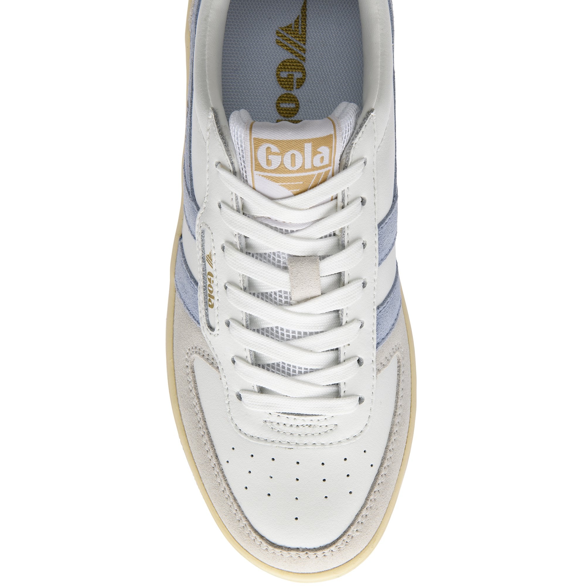 White Gola trainer with blue accents and 'Gola' branding on a white background