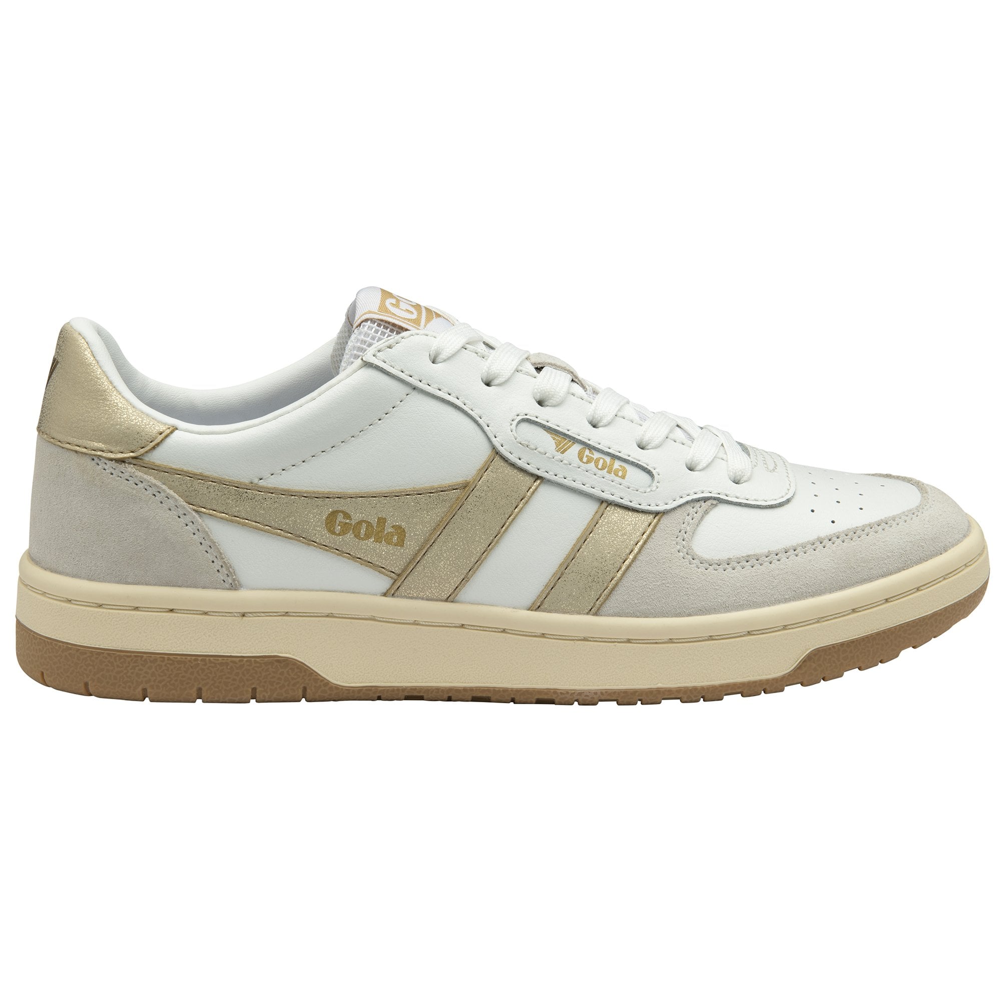 White and gold Gola sneakers with a brown sole.