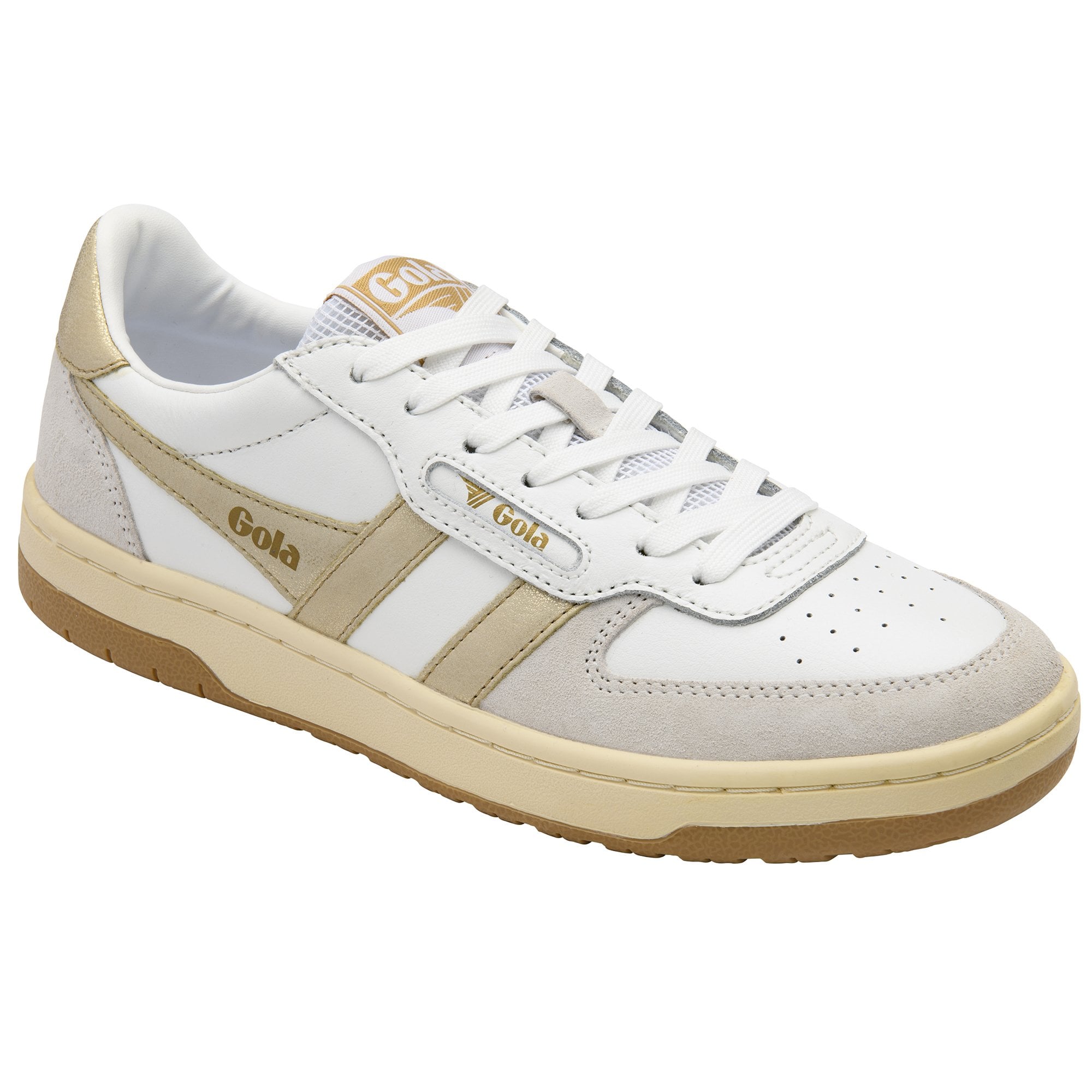 White and gold Gola low-top sneaker with brown sole.