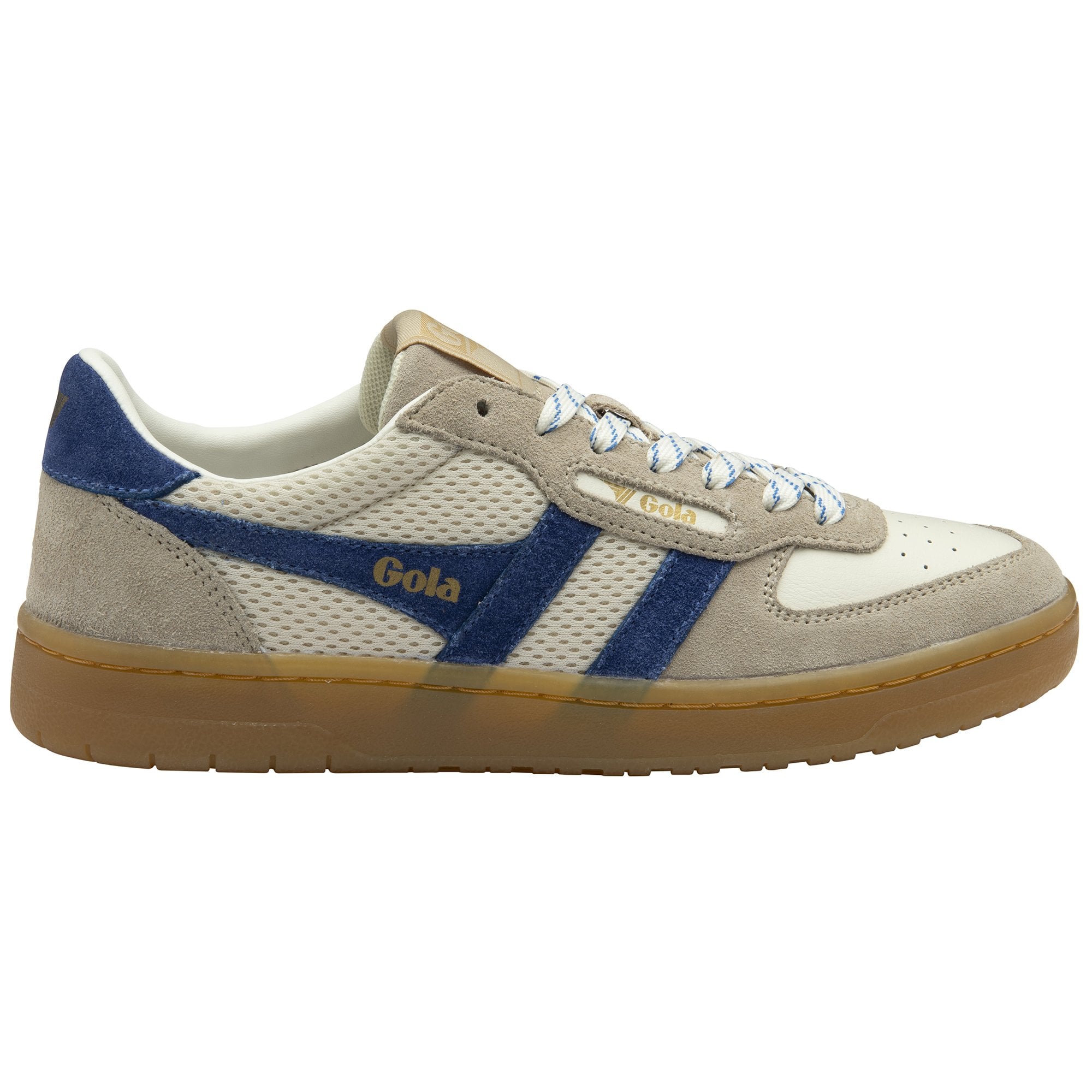 A Gola men's sneaker in off-white, beige, and blue with a gum sole.