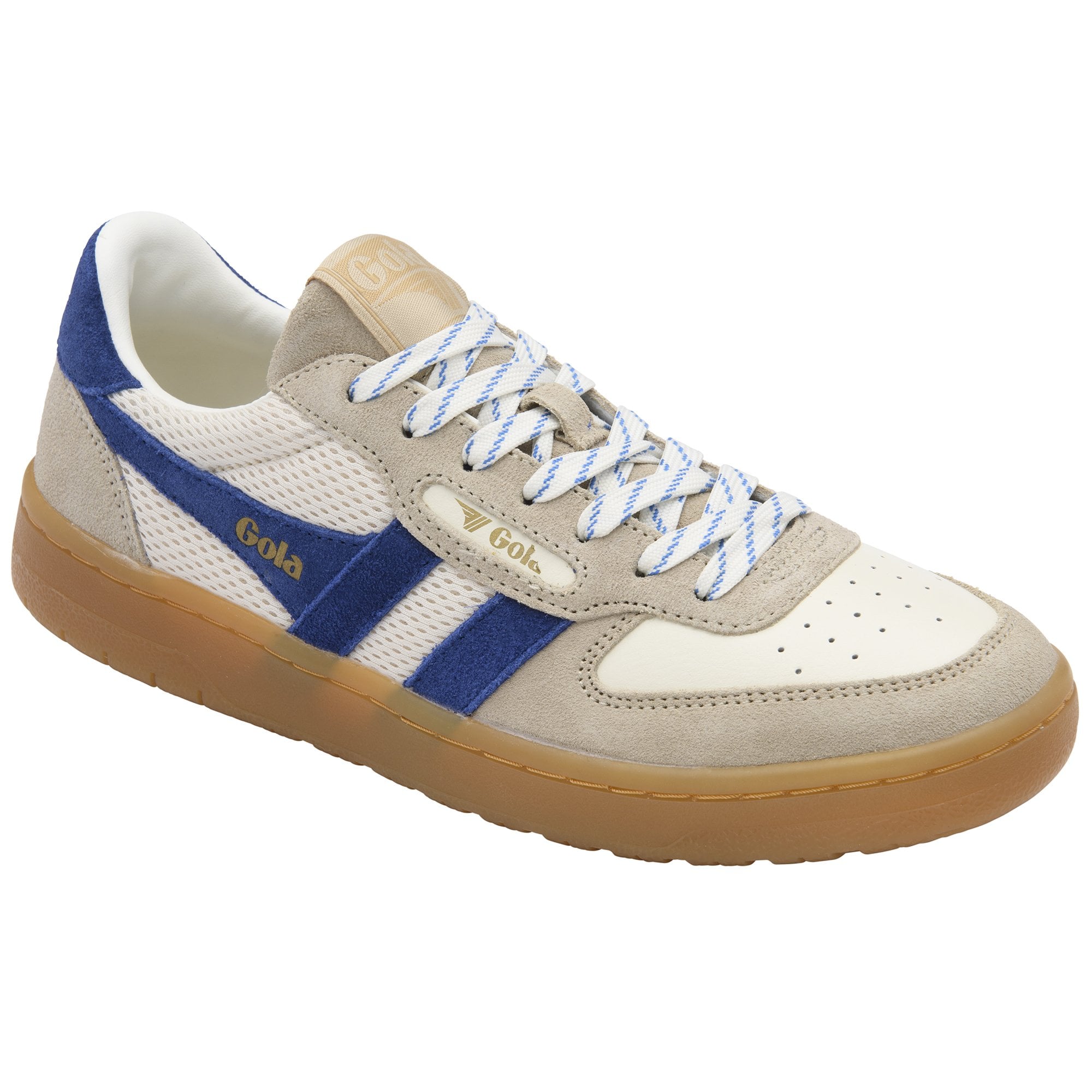 Gola men's low-top sneakers in off-white, beige, and blue with a gum sole.