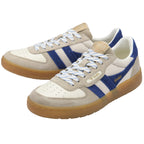 Pair of Gola sneakers with cream, tan, and blue accents, and a gum sole.