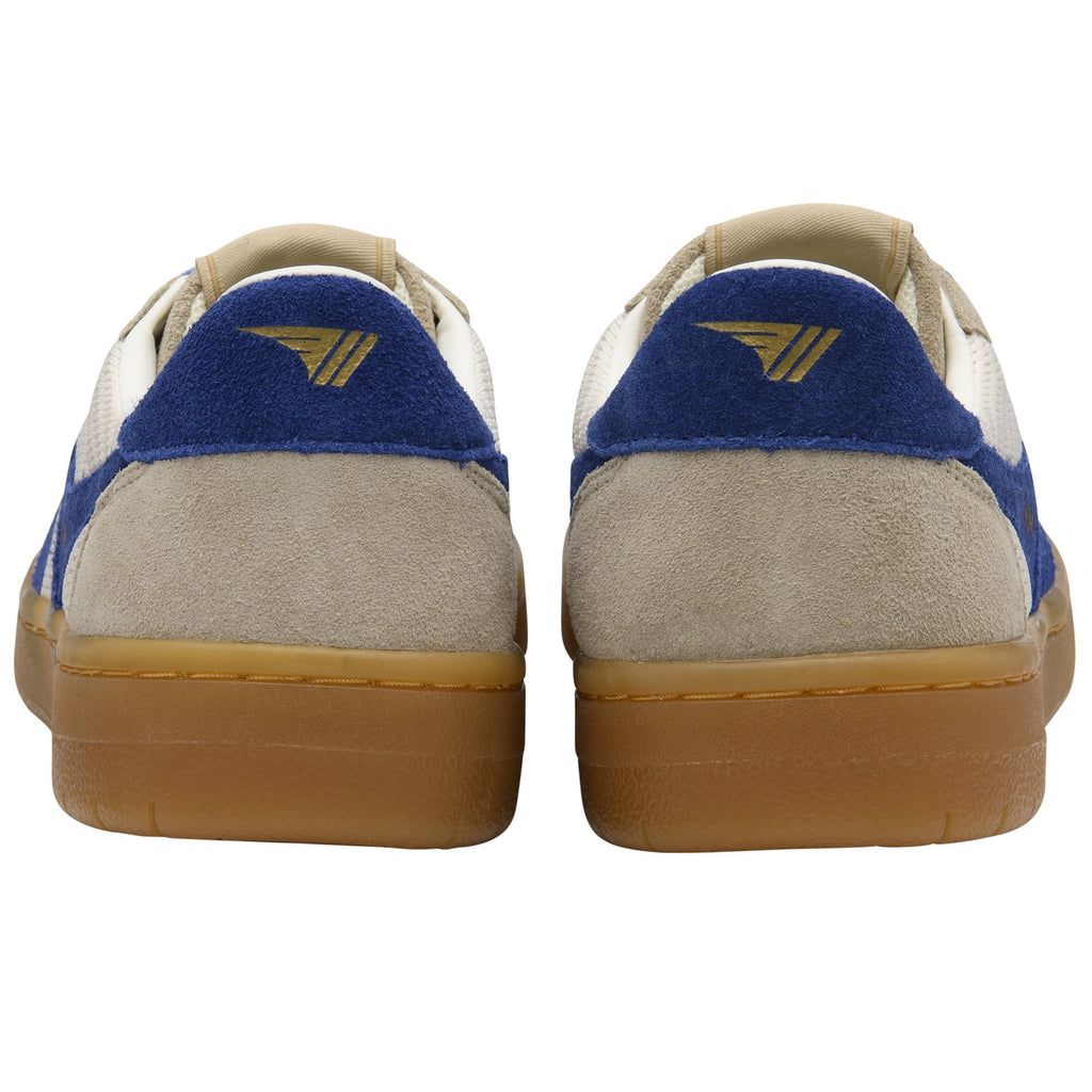 Rear view of two white, blue, and tan sneakers with gum soles.