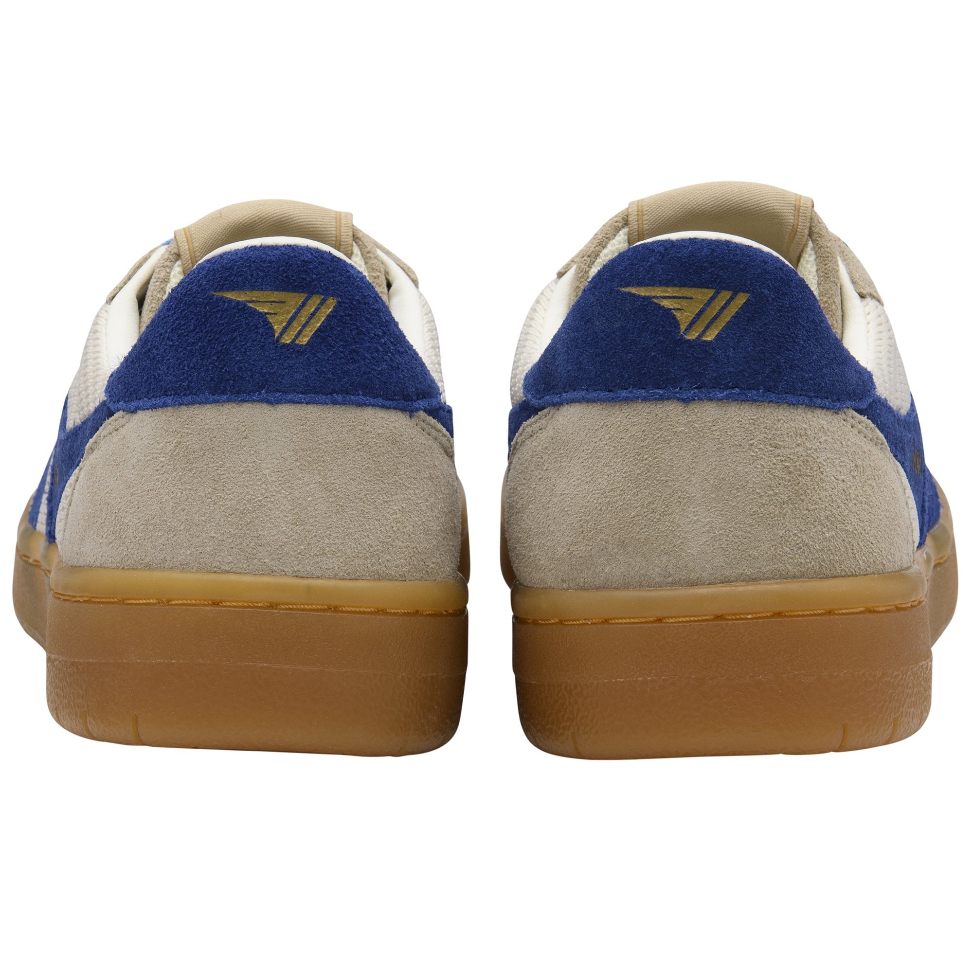 Rear view of two white, blue, and tan sneakers with gum soles.