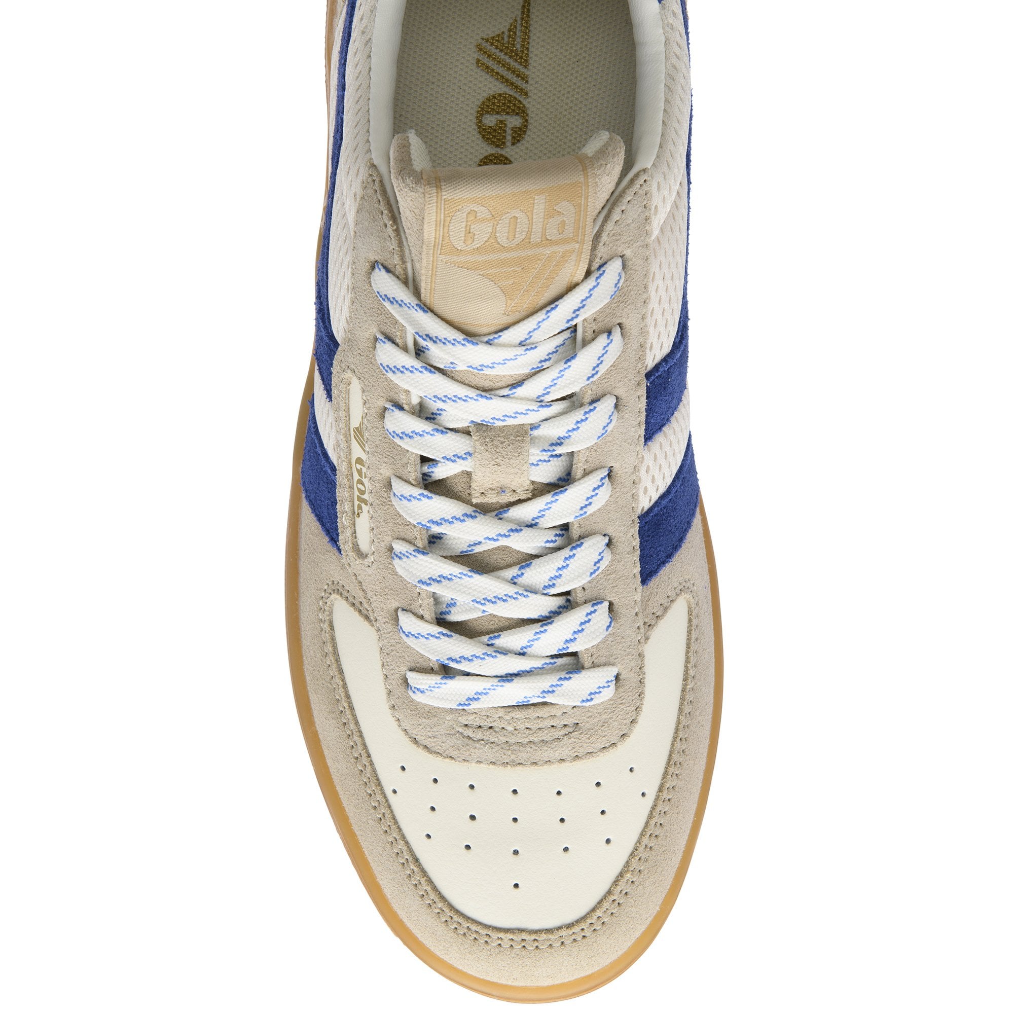 Top-down view of a Gola Elan sneaker with blue stripes and white laces.