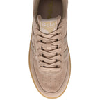 Top-down view of a beige suede Gola sneaker with matching laces and a gum sole.