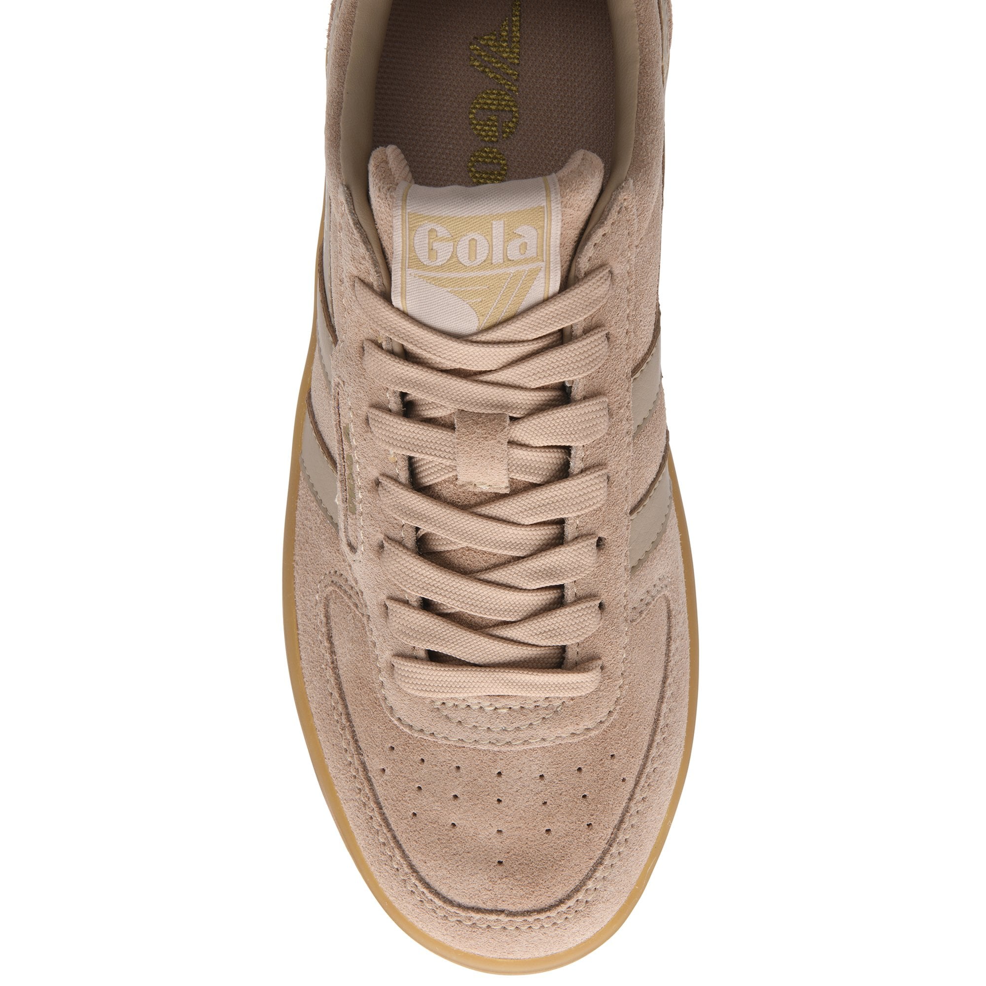 Top-down view of a beige suede Gola sneaker with matching laces and a gum sole.