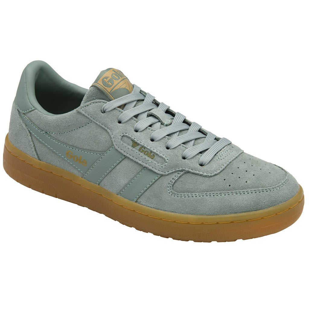 A single Gola men's low-top sneaker in light green suede with a gum sole.