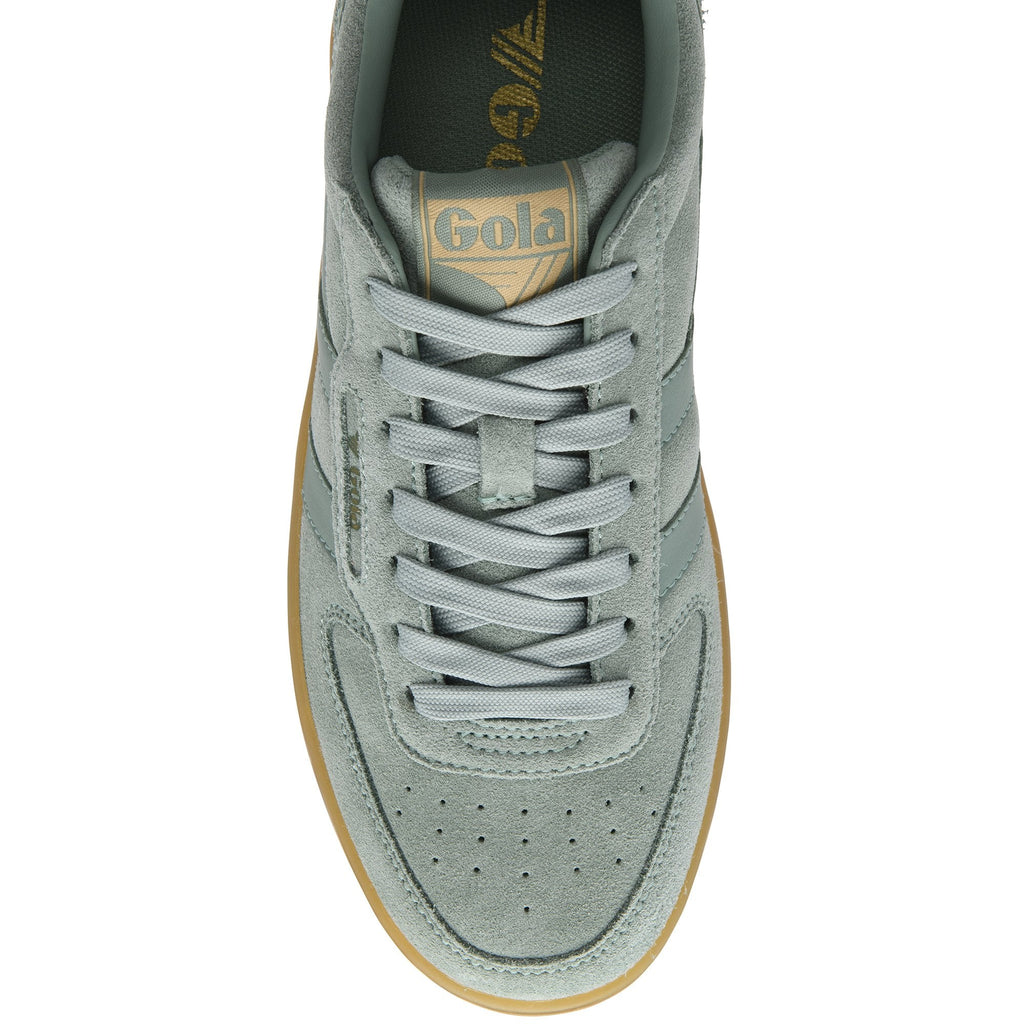 Top-down view of a grey suede Gola sneaker with brown sole and laces.