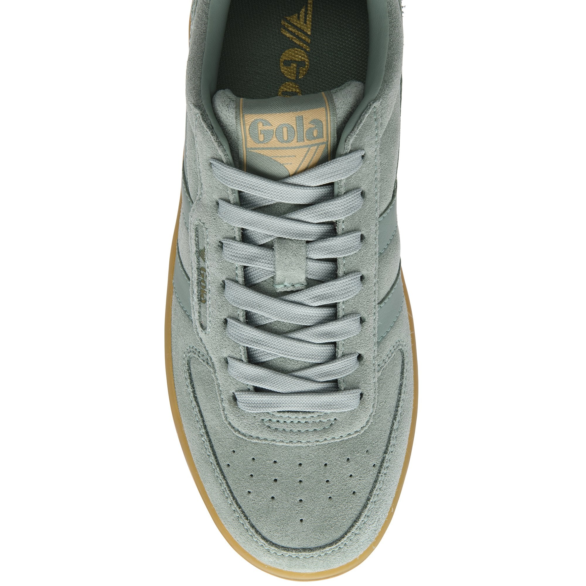 Top-down view of a grey suede Gola sneaker with brown sole and laces.