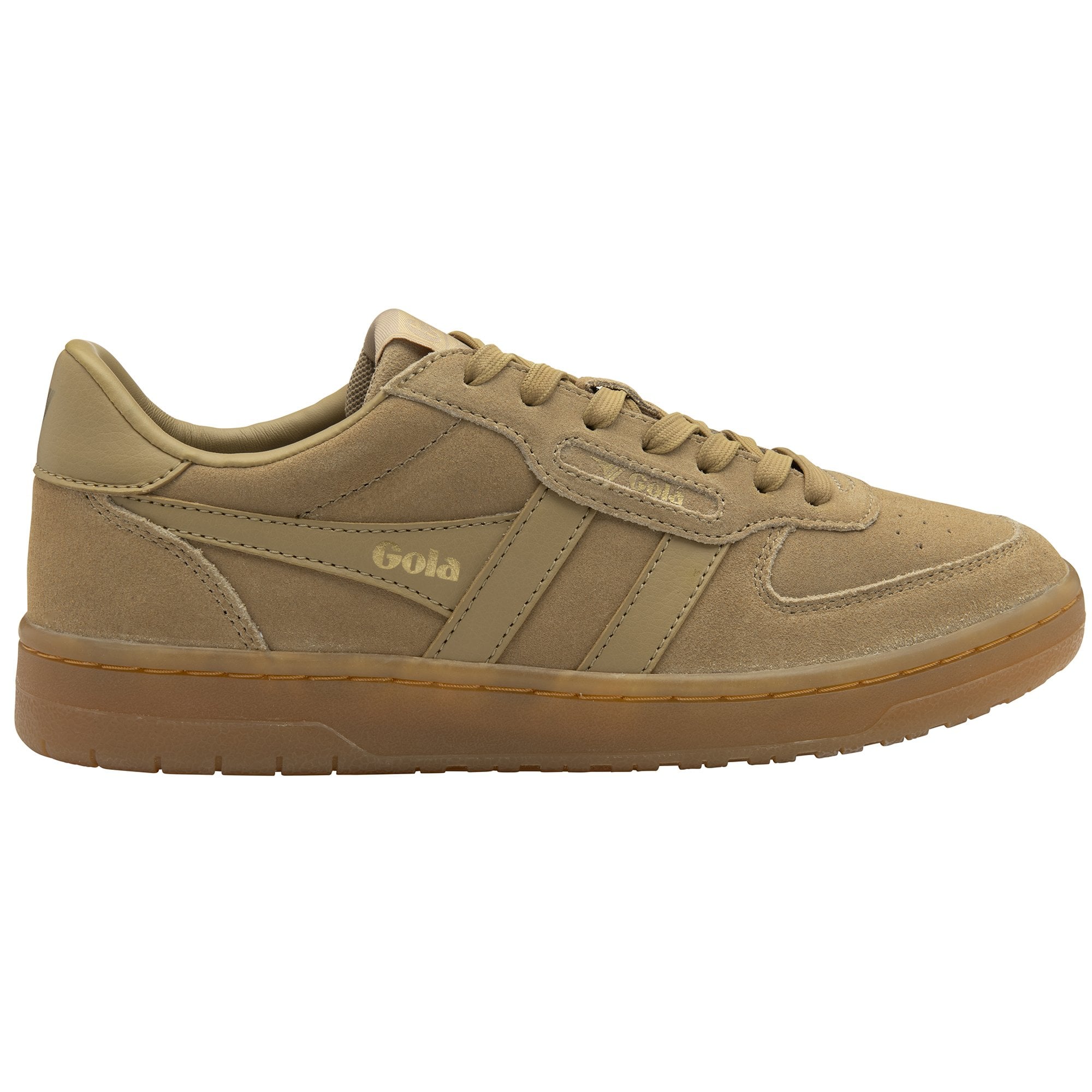 Tan suede sneaker with brown sole and laces.