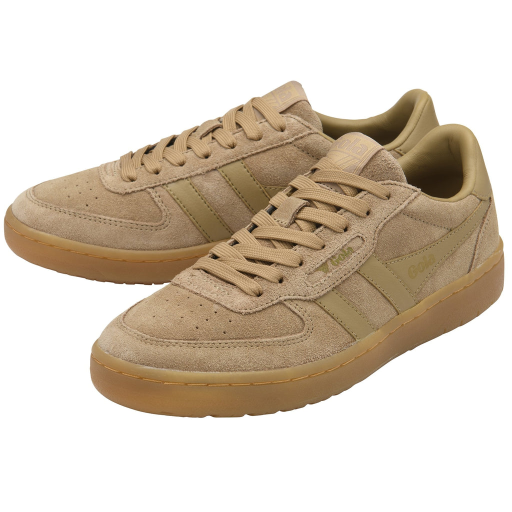 Pair of tan suede sneakers with gum soles and matching laces.