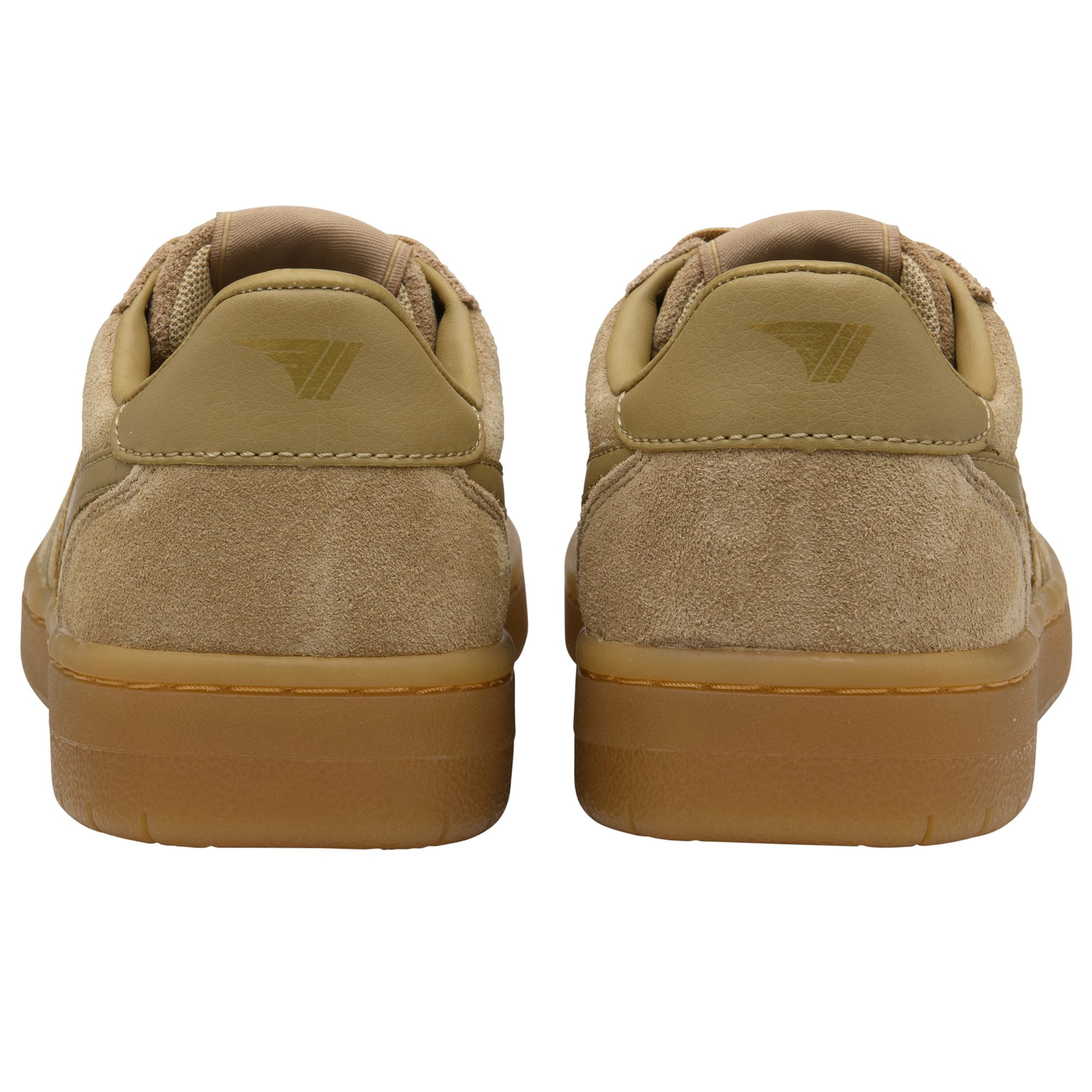 Rear view of two tan suede sneakers with brown soles and heel tabs.