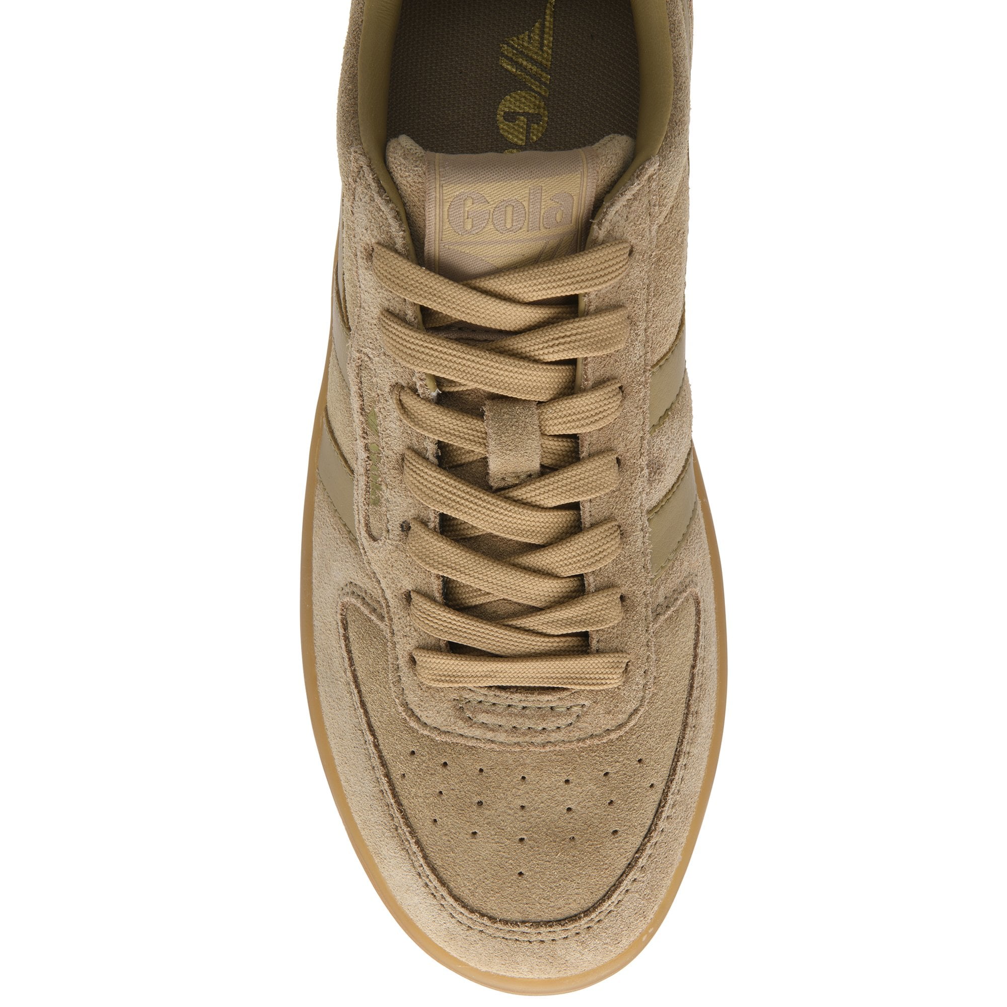 Top-down view of a tan suede sneaker with matching laces and a gum sole.