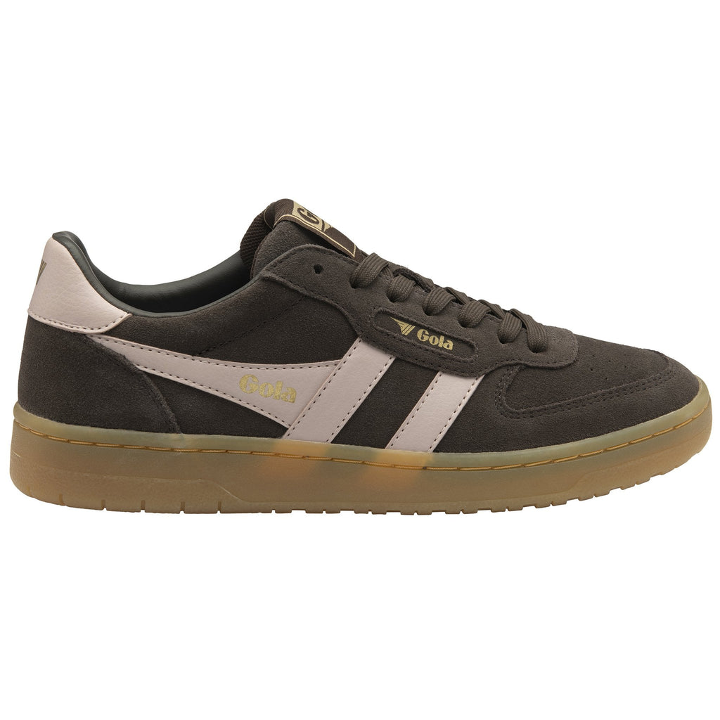 Dark brown Gola sneakers with light pink stripes and a gum sole.