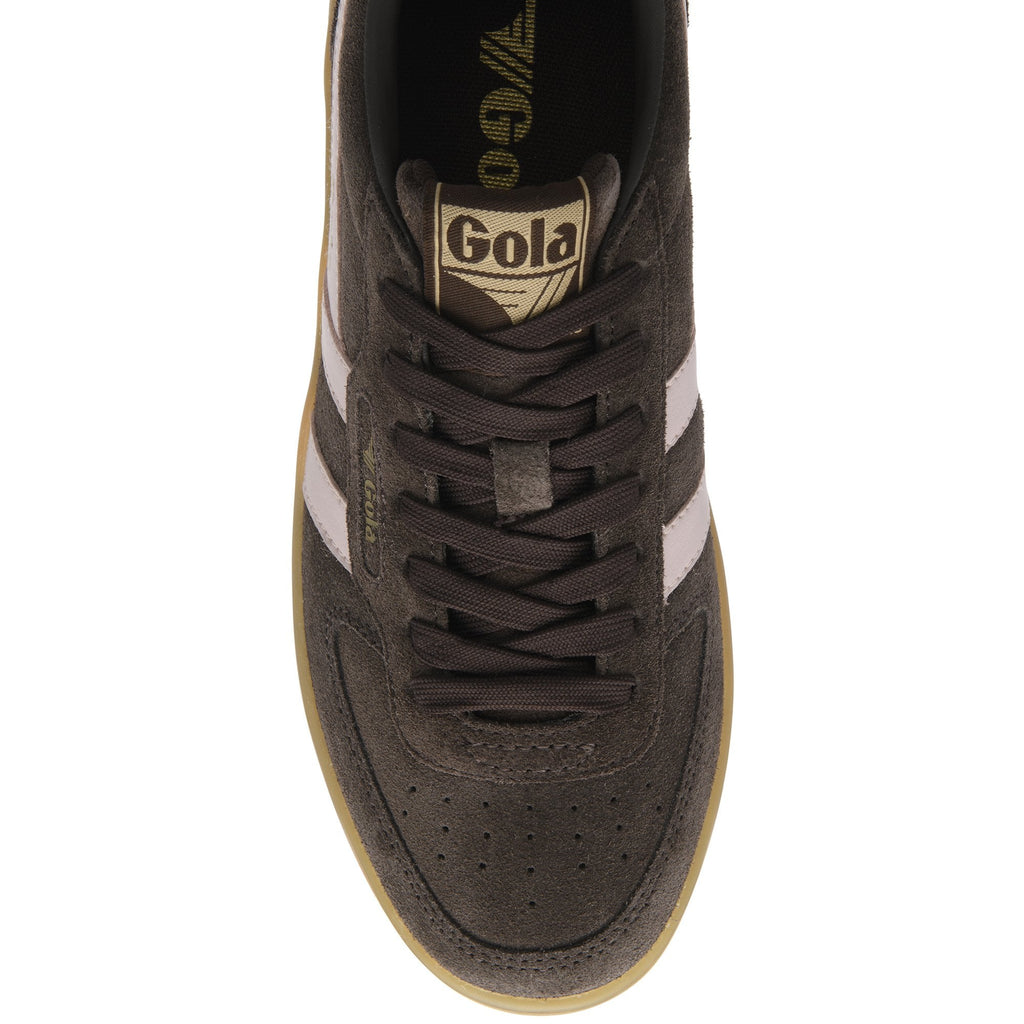 Top-down view of a dark grey Gola sneaker with white stripes and laces.