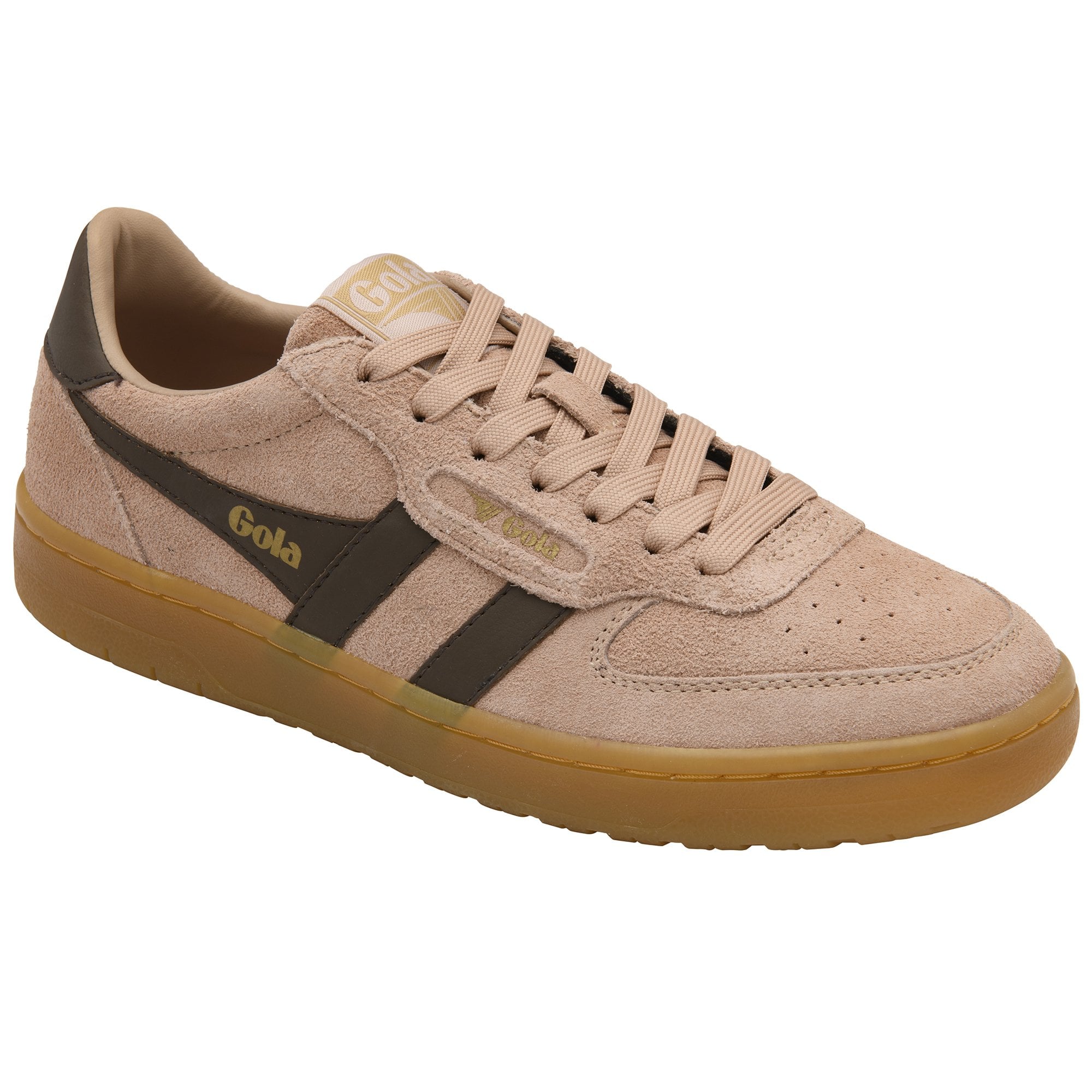 A single Gola men's sneaker in light brown suede with dark brown stripes and a gum sole.