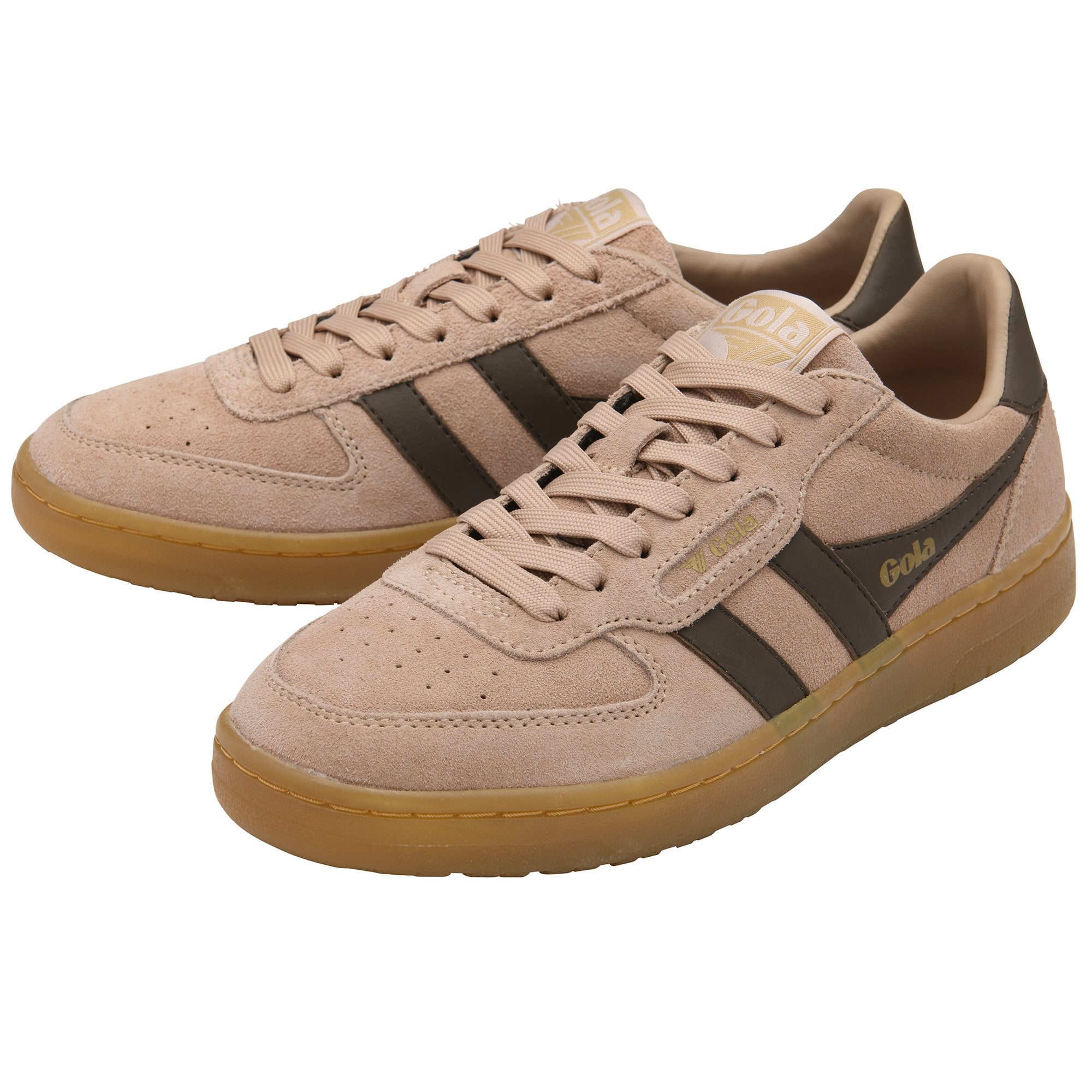 Pair of Gola Elan sneakers in light brown suede with dark brown stripes and gum soles.