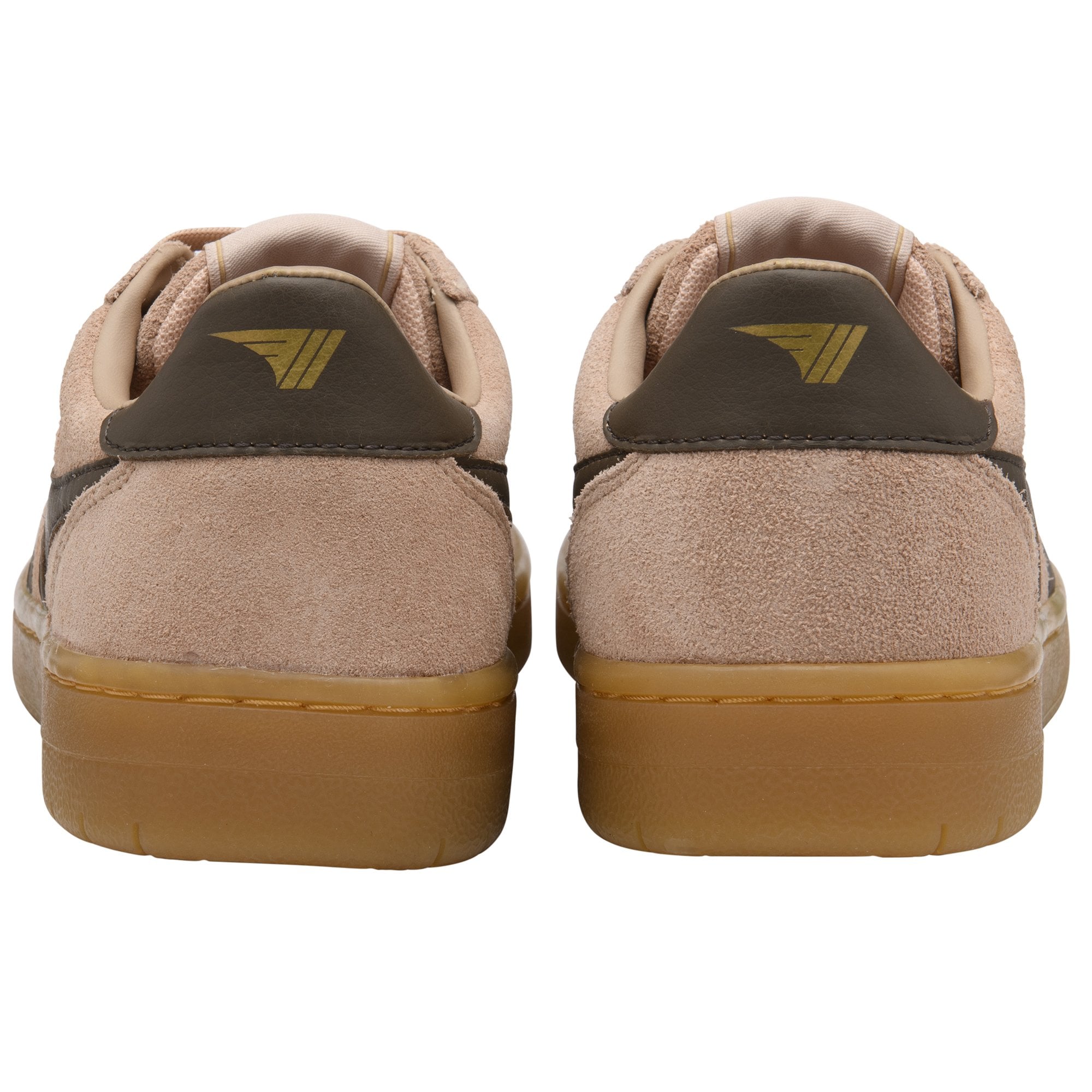 Back view of two pink suede sneakers with brown accents and gum soles.