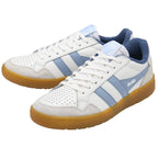 White and light blue Gola sneakers with gum soles.